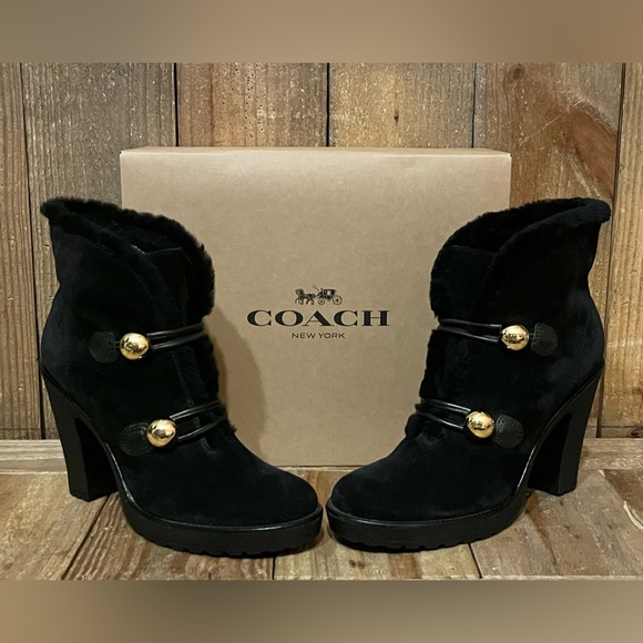 Coach Lenora Suede Boots with Shearling Lining & Logo Button Accents. - Picture 13 of 16